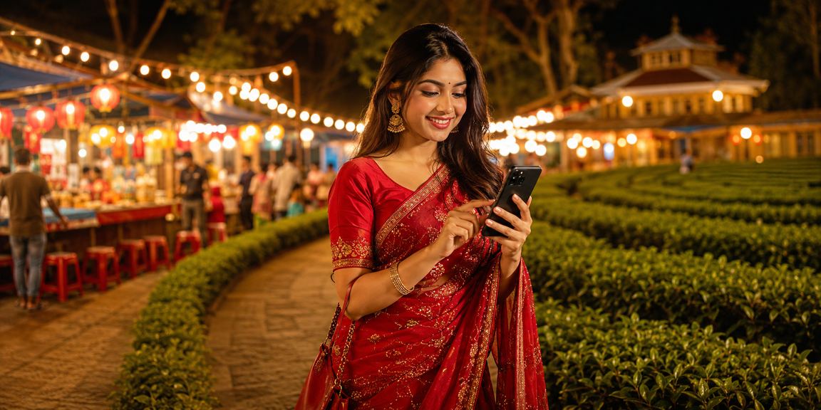 গাজীপুরে শাড়ি পরিহিত মডেল মোবাইলে জমার প্রক্রিয়া দেখছেন
